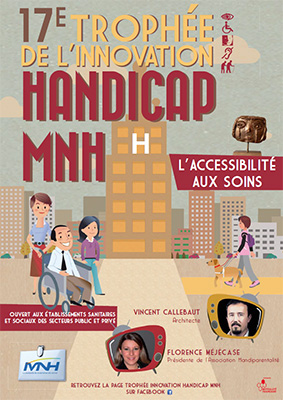 Affiche de l'appel à concours avec un dessin représentant un batiment symbolisant un hôpital dans une ville, et devant un homme en fauteuil accompagné d'une feme et d'une jeune fille, de l'autre côté de la rue une jeune fille aveugle se déplace avec son chien guide